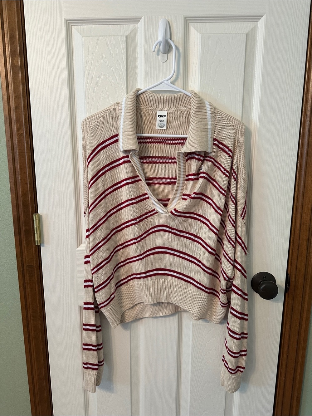 PINK Victoria's Secret Cream Sweater with Burgundy Stripes V-Neck Collar